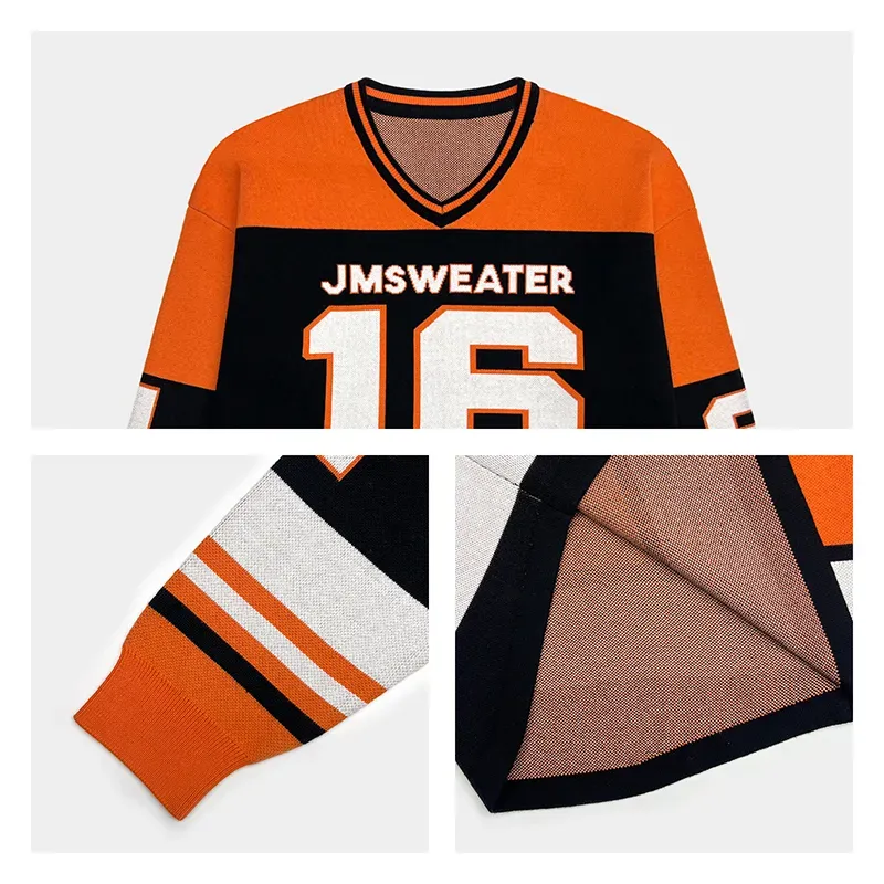 Varsity Sports V-Neck Hockey Jersey Style Jacquard Sweater Knitting Details