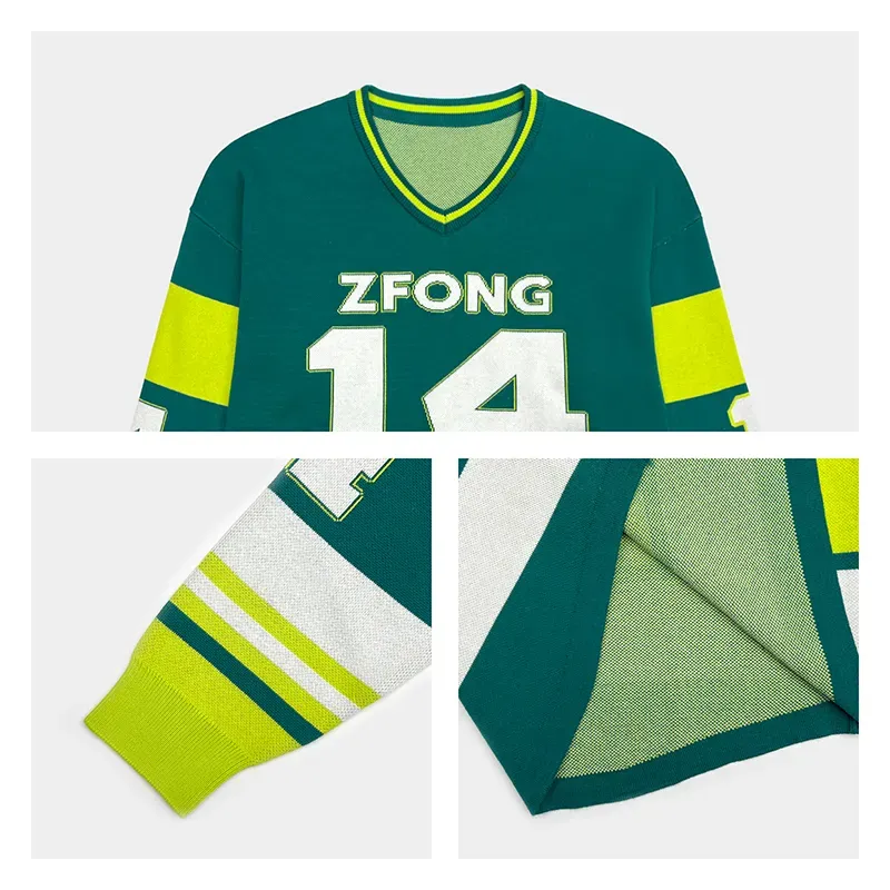 Varsity V-Neck Hockey Jersey Style Jacquard Sweater Knitting Details