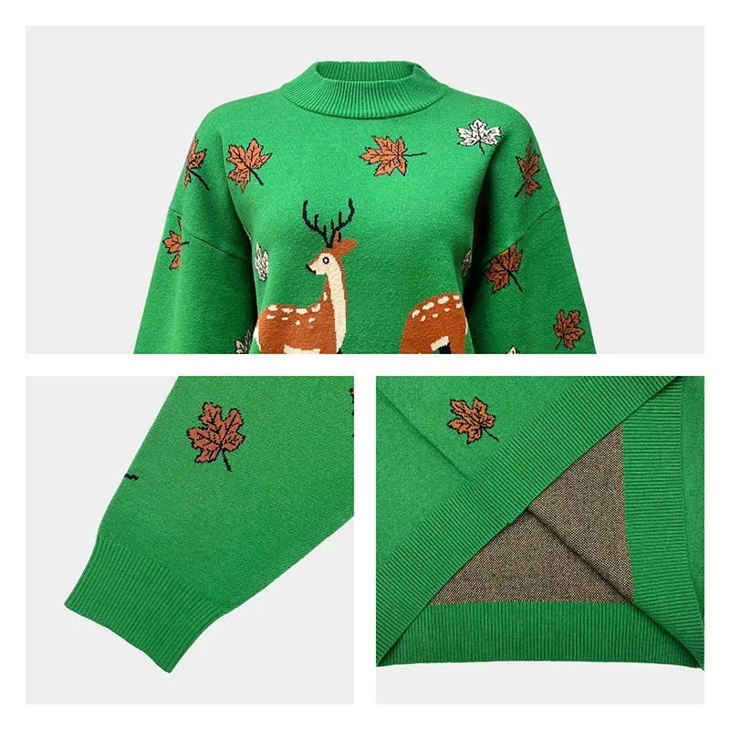 Forest Deer Landscape Jacquard Mock Neck Sweater Knitting Details