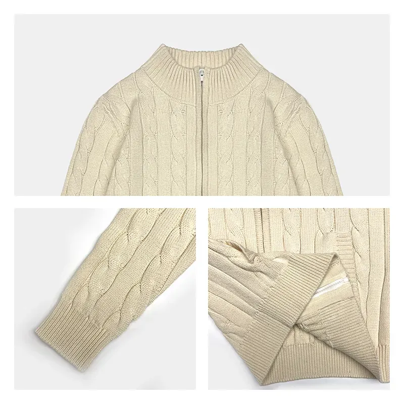 Heavyweight Cable Knit Zip Cardigan: Stand Collar Sweater Knitting Details