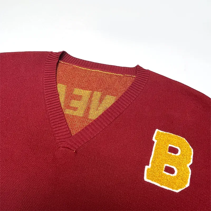 Custom Varsity V-Neck Sweater: Retro Intarsia Knit Pullover Collar Details