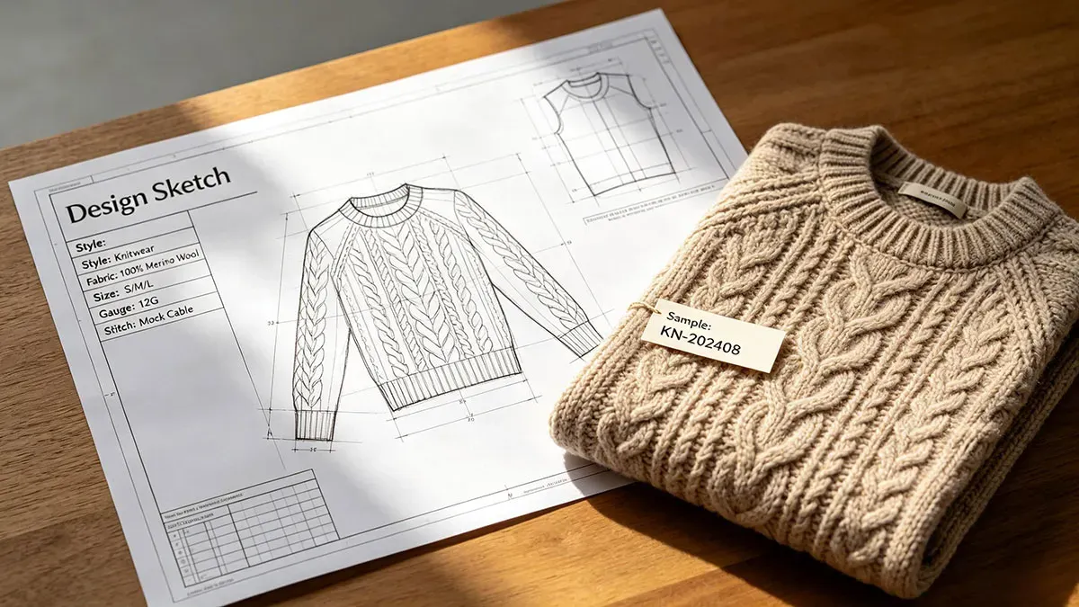 Custom cable knit sweater design sketch and sample by jmsweater.com