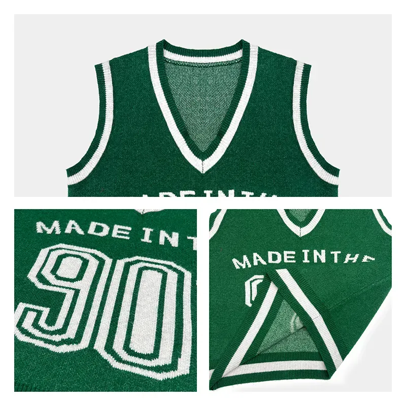 Custom 90s Retro V-Neck Knit Vest: Intarsia Varsity Pullover Knitting Details