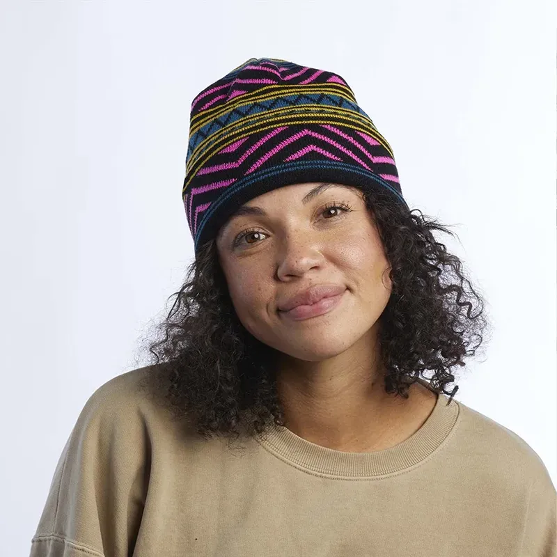 Custom Geometric Jacquard Beanie: Patterned Winter Hat Womne Model Showcase