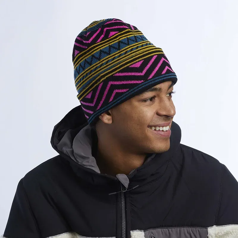 Custom Geometric Jacquard Beanie: Patterned Winter Hat Men Model Showcase