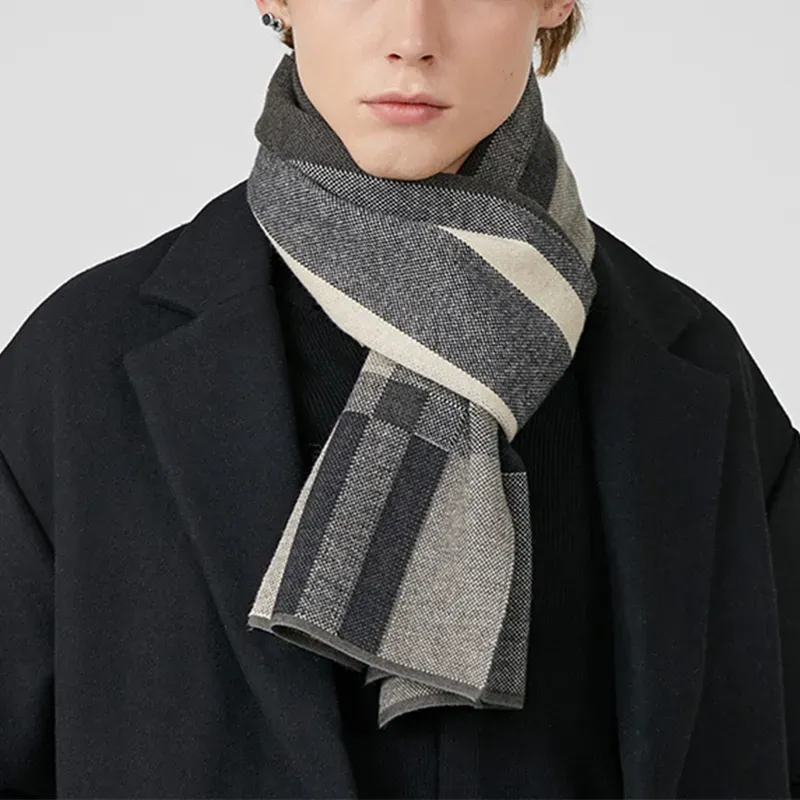 Custom Color Block Scarf: Minimalist Plaid Winter Shawl Model Showcase One