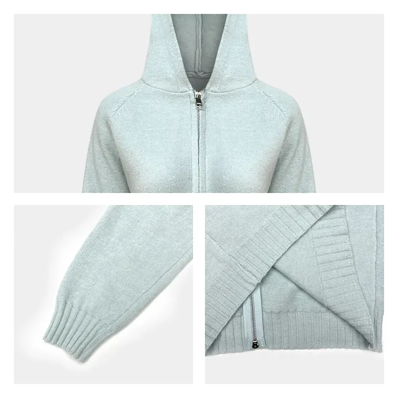 Custom Fuzzy Knitted Hoodie: Wholesale Zip Up Cardigan Jacket Knitting Details
