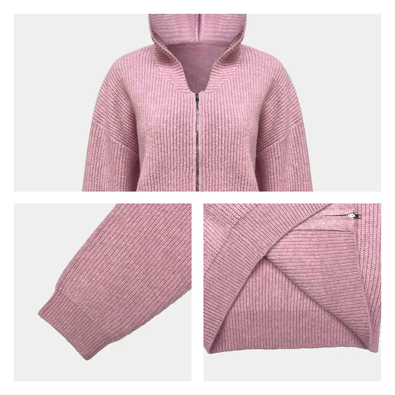 Custom Hooded Sweater: Wholesale Shaker Stitch Jacket Knitting Details