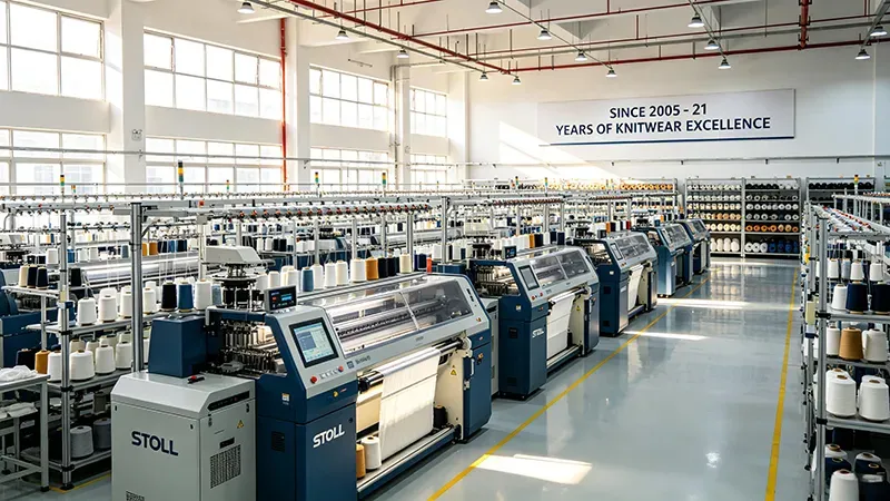 Spacious and clean production floor of a Guangzhou sweater manufacturer featuring rows of automated Stoll computerized knitting machines by jmsweater.com