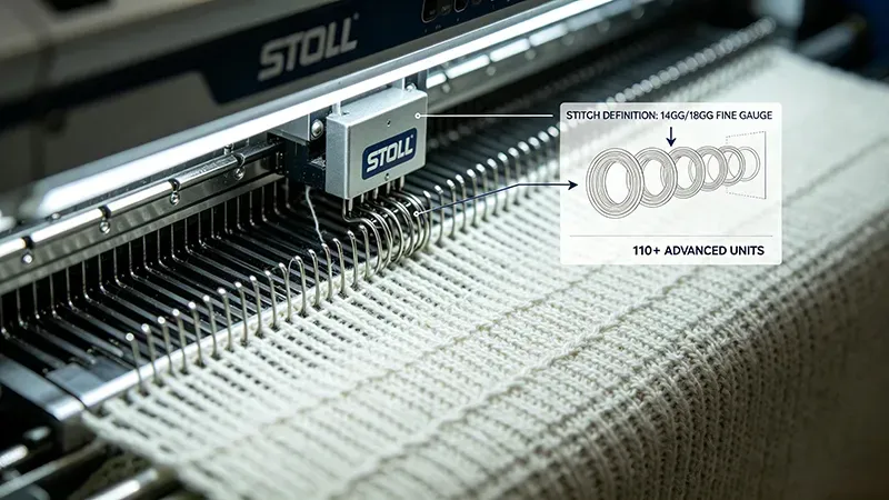 Close-up of an advanced Stoll knitting machine executing 14GG and 18GG fine-gauge knitwear production with high stitch definition by jmsweater.com