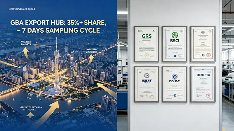 Guangzhou knitwear factory compliance certificates including GRS, BSCI, WRAP, ISO 9001, and OEKO-TEX next to Greater Bay Area export hub infographic by jmsweater.com