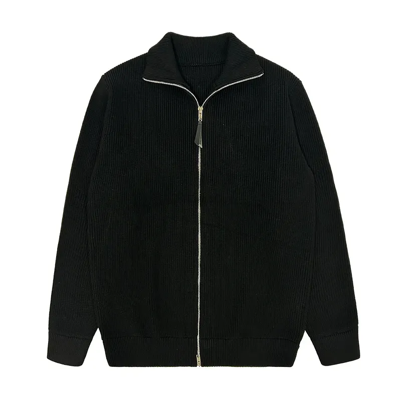 Mens Custom Sweater Manufacturer: Black Full-Zip Ribbed Knit Jacket, Premium Wholesale Apparel