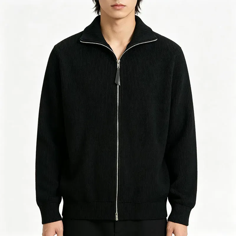 On-Body Fit: Black Stand Collar Knit Cardigan on Male Model, Engineered 3D Seamless Clothing