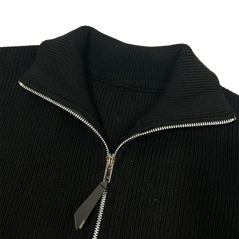 Detail Shot: Standing Collar and Metal Zipper Close-Up on Washable Merino Wool Sweater, Direct from Factory