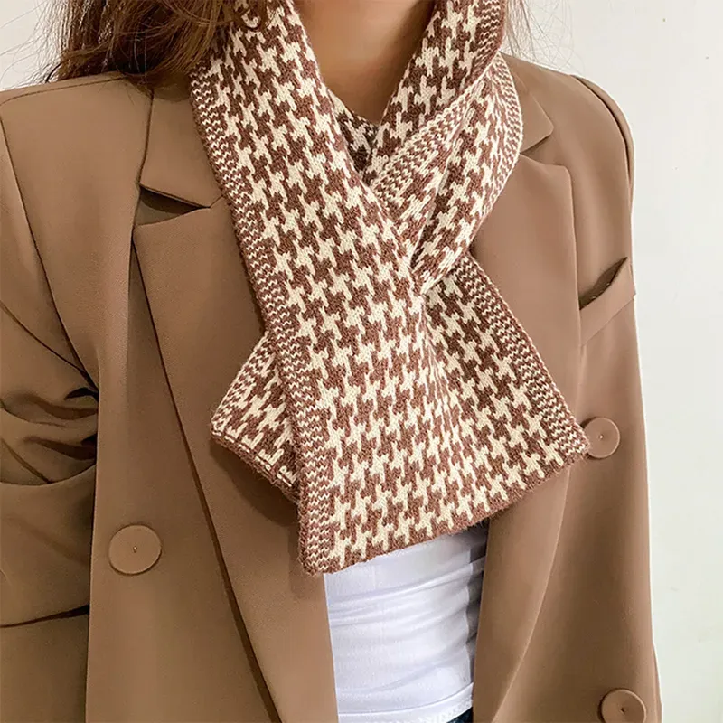 custom-houndstooth-knit-scarf-wholesale-skinny-muffler-brown