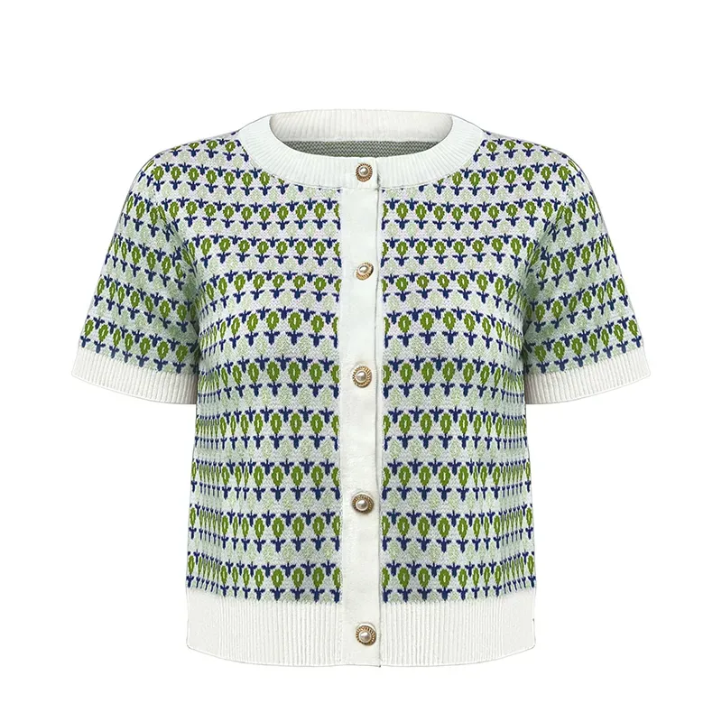 custom-vintage-floral-jacquard-knit-short-cardigan-green