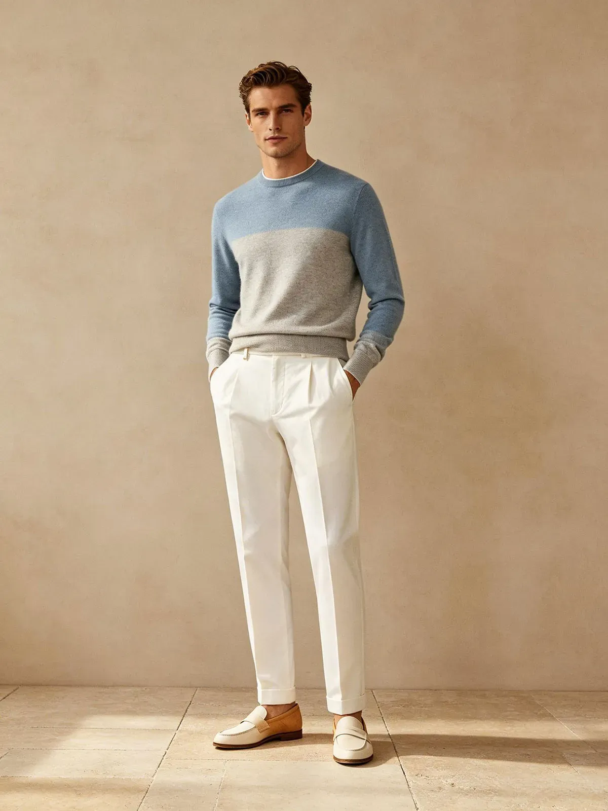 Lightweight Crewneck + White Trousers + Loafers by jmsweater.com