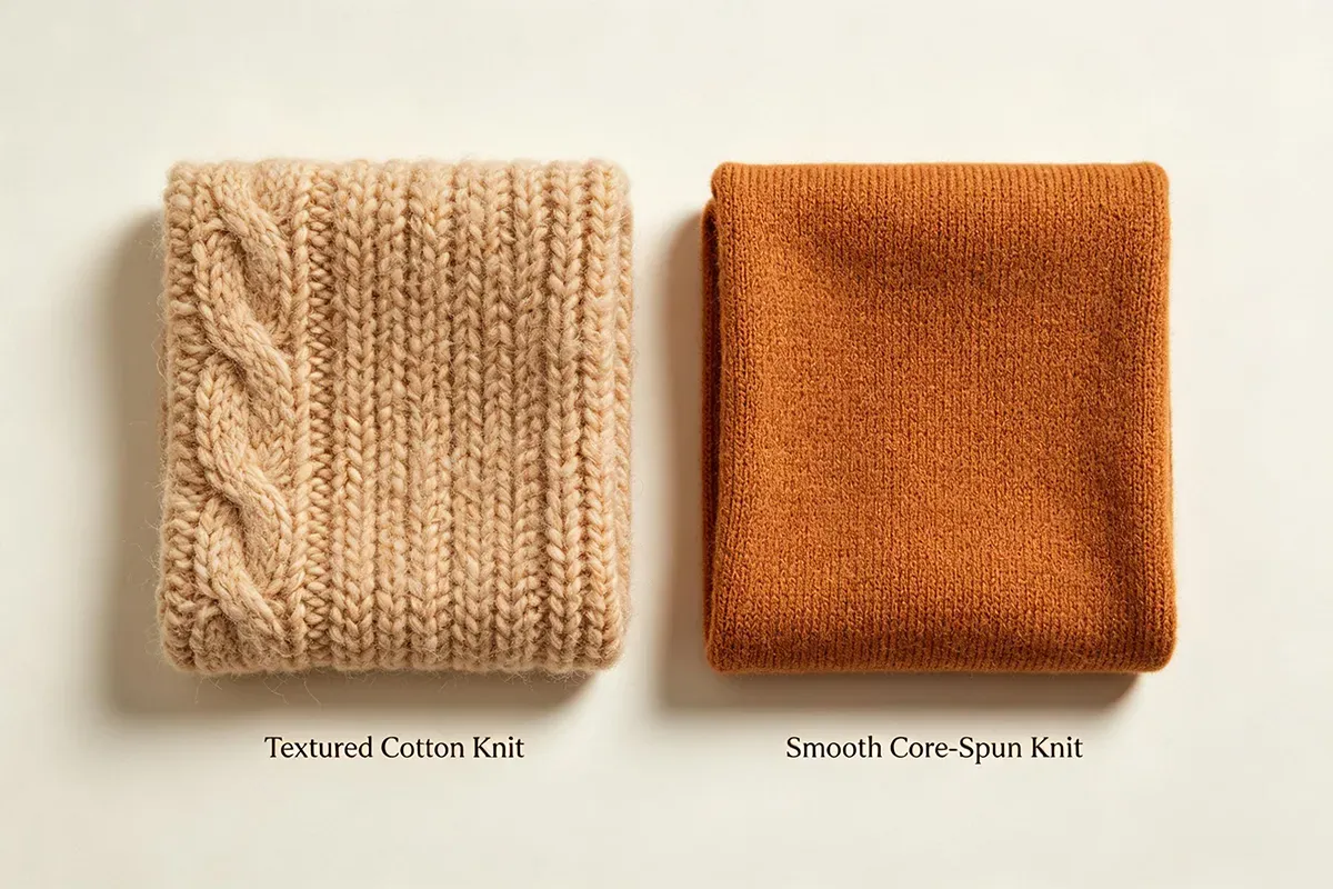 Yarn sourcing samples comparing textured 100% cotton knit cable with smooth core-spun jersey fabric.
