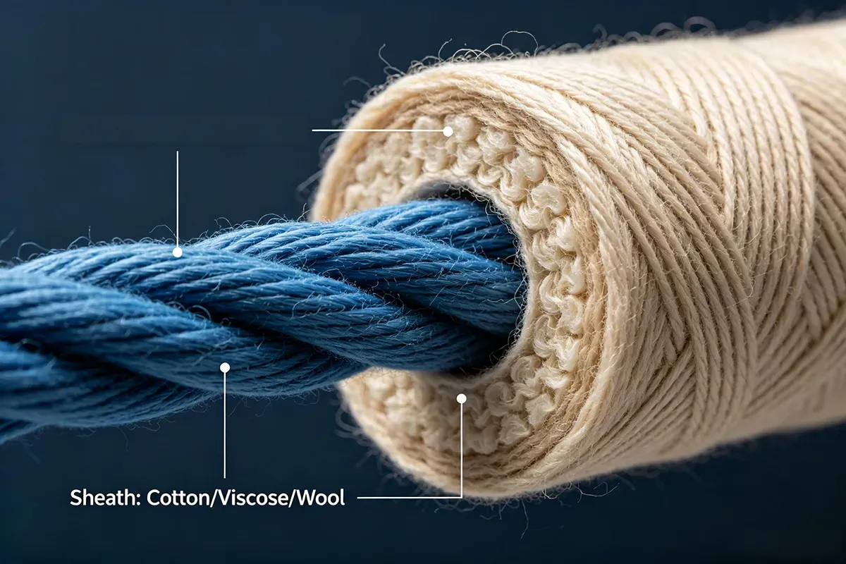 Technical diagram of core-spun yarn structure showing the filament core and cotton viscose blend sheath.