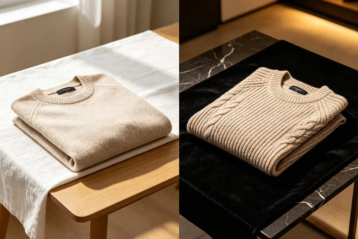 Premium custom sweater factory production display showing folded fall knitwear lines for wholesale.