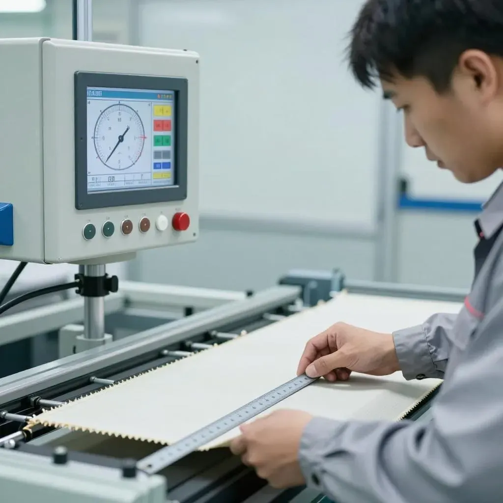 A technical operator measuring knitwear stitch density and loop length to ensure consistent quality during mass production.