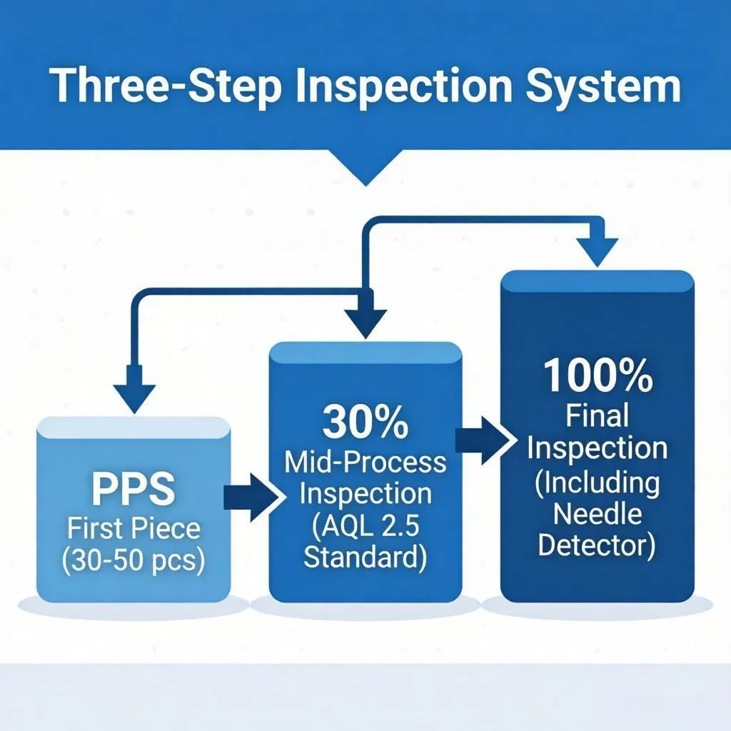 SOP infographic showing the three-step quality inspection system: PPS first piece, 30% mid-process inspection, and 100% final check.
