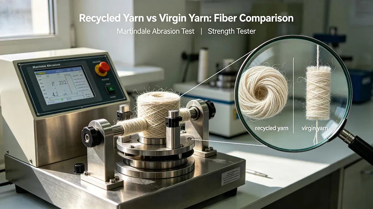 Laboratory comparison of recycled GRS-certified yarn versus virgin yarn using Martindale abrasion and strength testing.