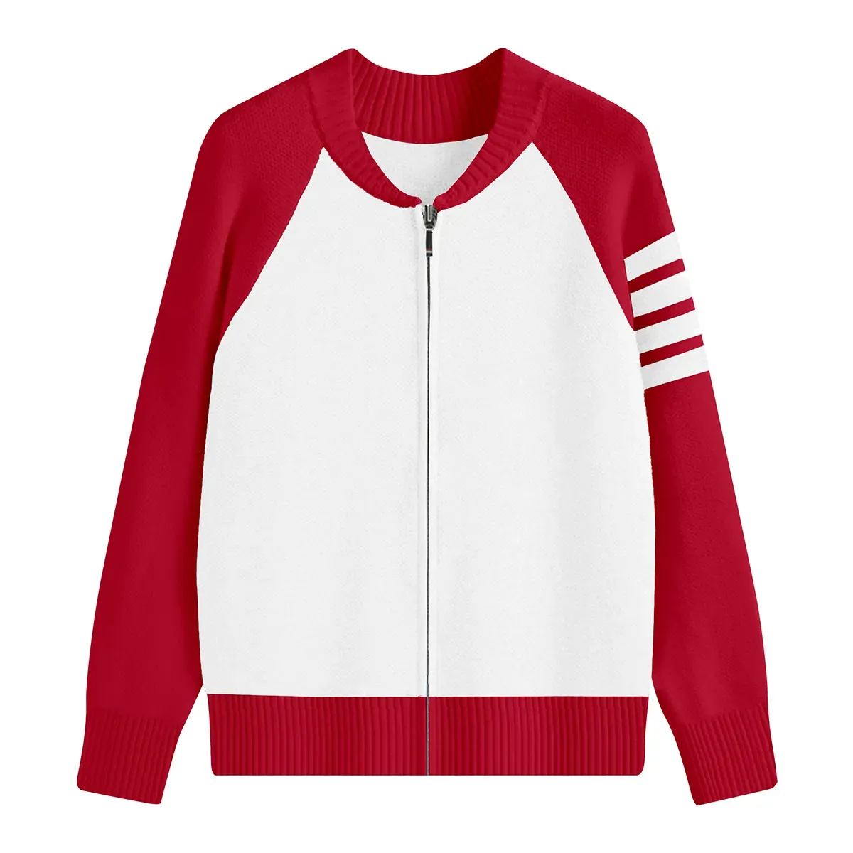 Retro Athletic Red/White Color-Block Raglan Zip-Up Jacket