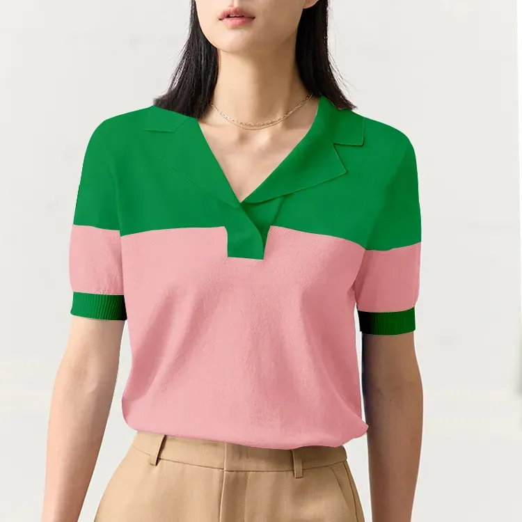 Retro Green/Pink Color-Block Golf Polo 14GG Fine Knit Sweater