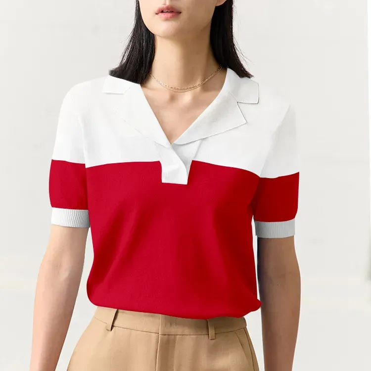 Retro White/Red Color-Block Golf Polo 14GG Fine Knit Sweater