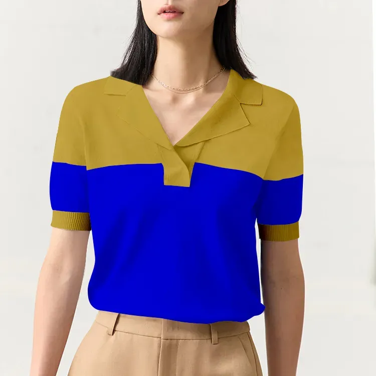 Retro Yellow/Blue Color-Block Golf Polo 14GG Fine Knit Sweater
