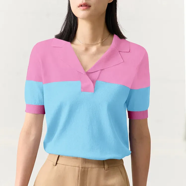 Retro Pink/Blue Color-Block Golf Polo 14GG Fine Knit Sweater