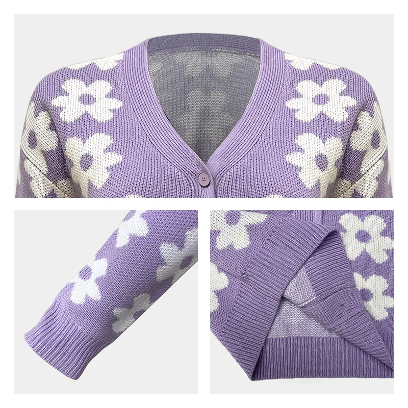 Chic Daisy Jacquard V-Neck Floral Knit Cardigan Knitting Details