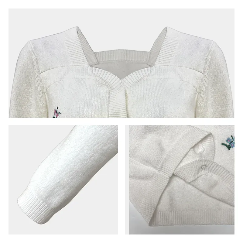 Elegant Floral Embroidery 12GG Sweetheart Knit Cardigan Knitting Details