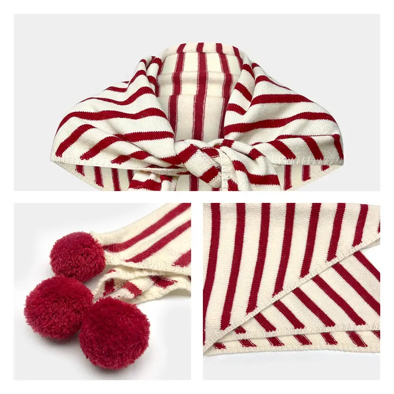 Striped Jacquard 12GG Knit Beanie With Pom-Poms & Tassels Knitting Details