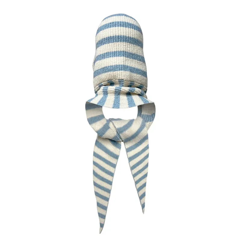 Striped Jacquard 12GG Knit Hooded Scarf Beanie Balaclava Back