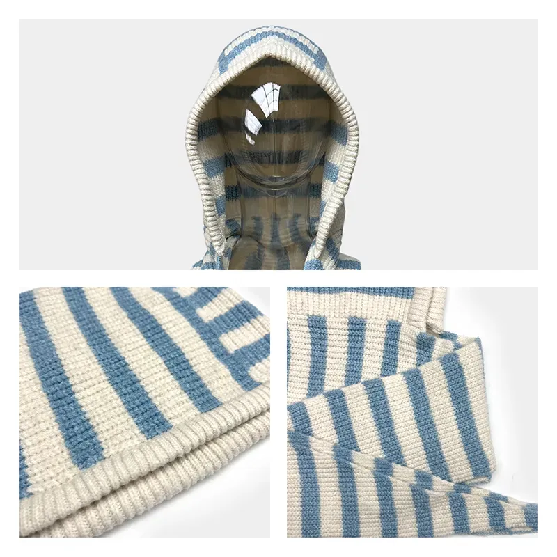 Striped Jacquard 12GG Knit Hooded Scarf Beanie Balaclava Knitting Details