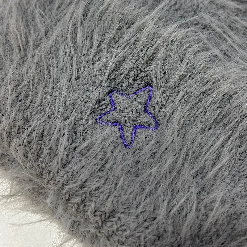Star Embroidered Feather Beanie: Plush Decorative Knits Knitting Details