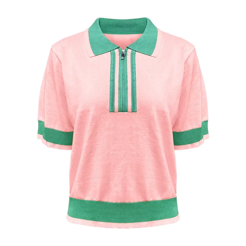 Retro Varsity Collegiate Sets: 14GG Fine Knit Polo Tracksuit Top Pink