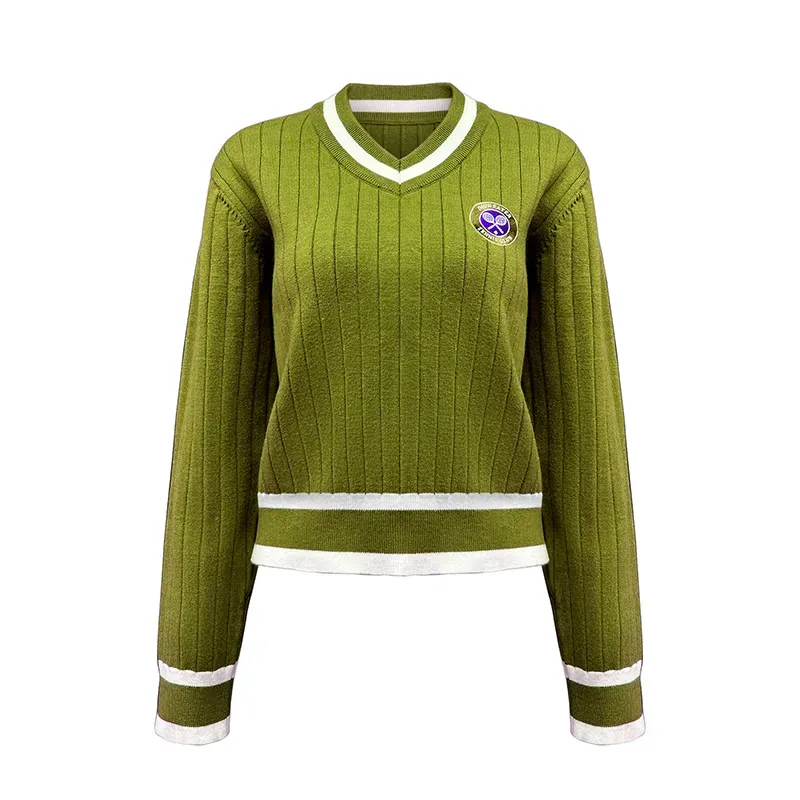 Retro Varsity Collegiate Sets: Ribbed V-Neck Tennis Knit Top Yellow