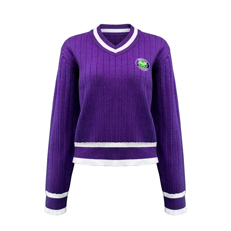 Retro Varsity Collegiate Sets: Ribbed V-Neck Tennis Knit Top Purple