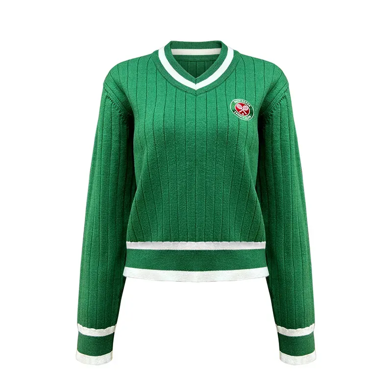 Retro Varsity Collegiate Sets: Ribbed V-Neck Tennis Knit Top Green