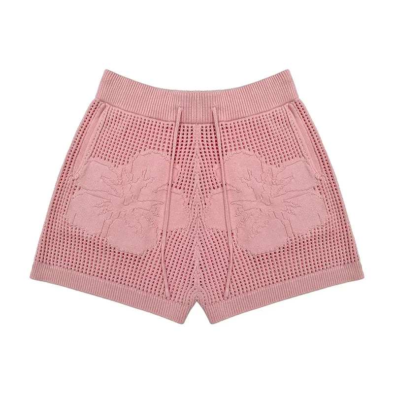 Varsity Collegiate Sets: 3D Floral Open-Knit Summer Set Pants Red