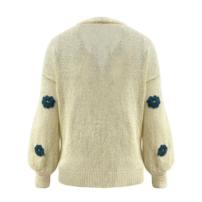 3D Floral V-Neck Cardigan: Eco-Friendly Recycled Cotton Knit Back