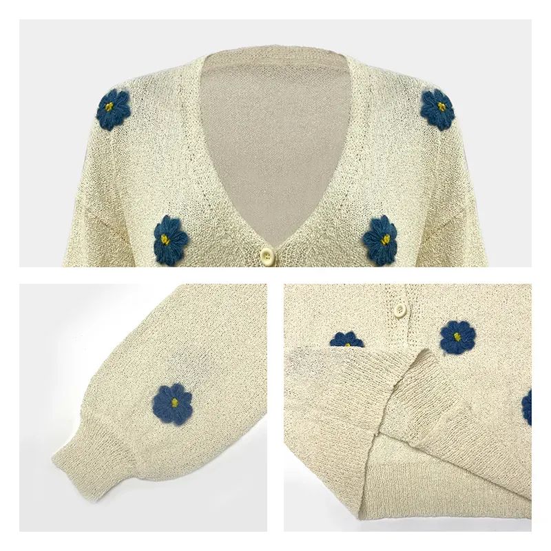 3D Floral V-Neck Cardigan: Eco-Friendly Recycled Cotton Knit Knitting Details