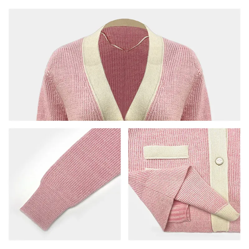Luxurious Contrast Ribbed Cardigan: GRS Cashmere Blend Knitting Details