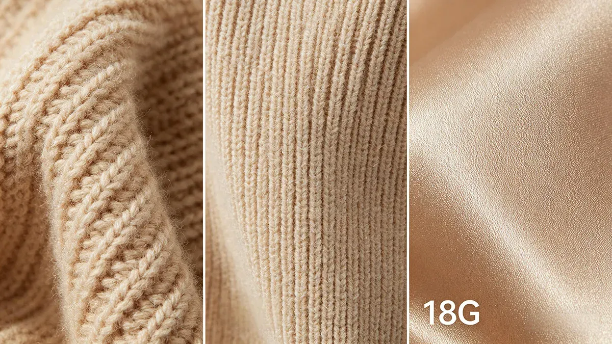 Visual comparison of knitwear gauges showing 3G chunky knit, 12G standard knit, and high-end 18G fine knit texture produced by JM Sweater