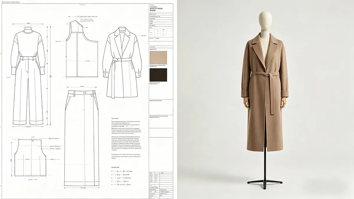 From professional knitwear tech pack design to high-quality finished wool coat on a mannequin by Guangzhou Junma Apparel.