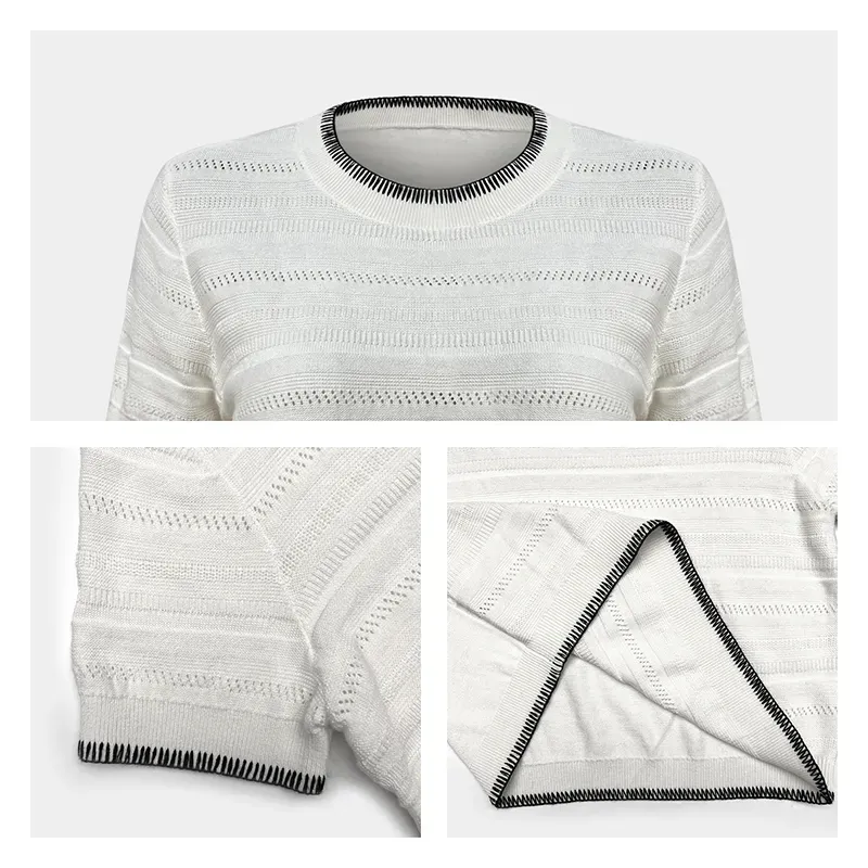 Contrast Whipstitch Knit Crop Top: Textured Stripe Sweater Knitting Details