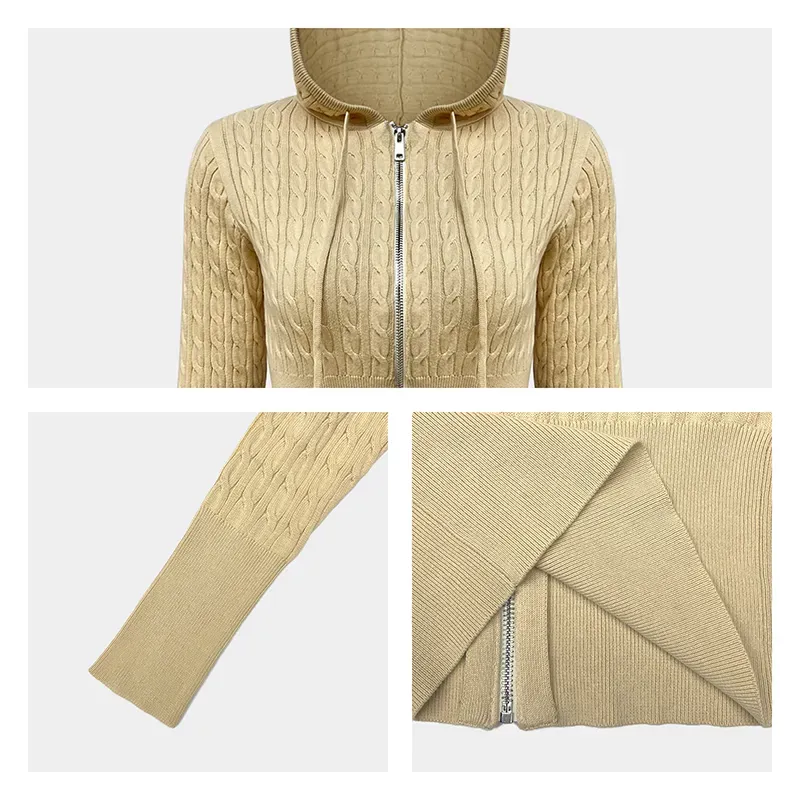 Custom Cable Knit Hooded Zip-Up: OEM Slim Crop Sweater Knitting Details